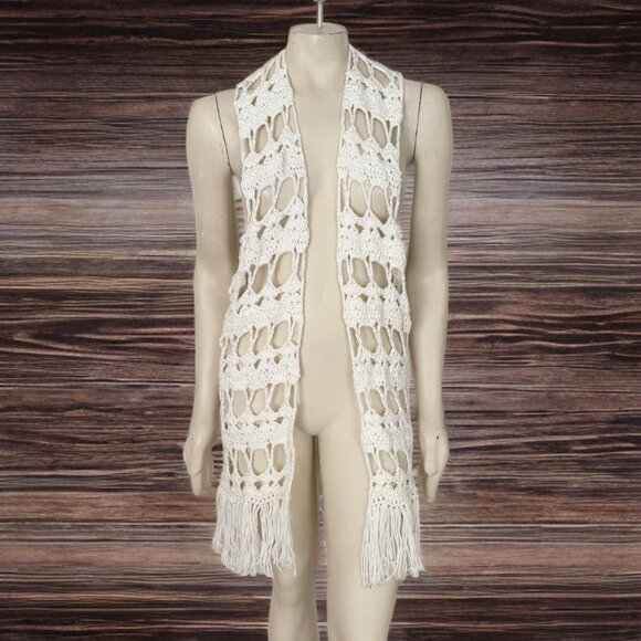 NEW Hand Knit Tasseled Open Front Long Boho Vest in White  SZ M - Picture 2 of 9